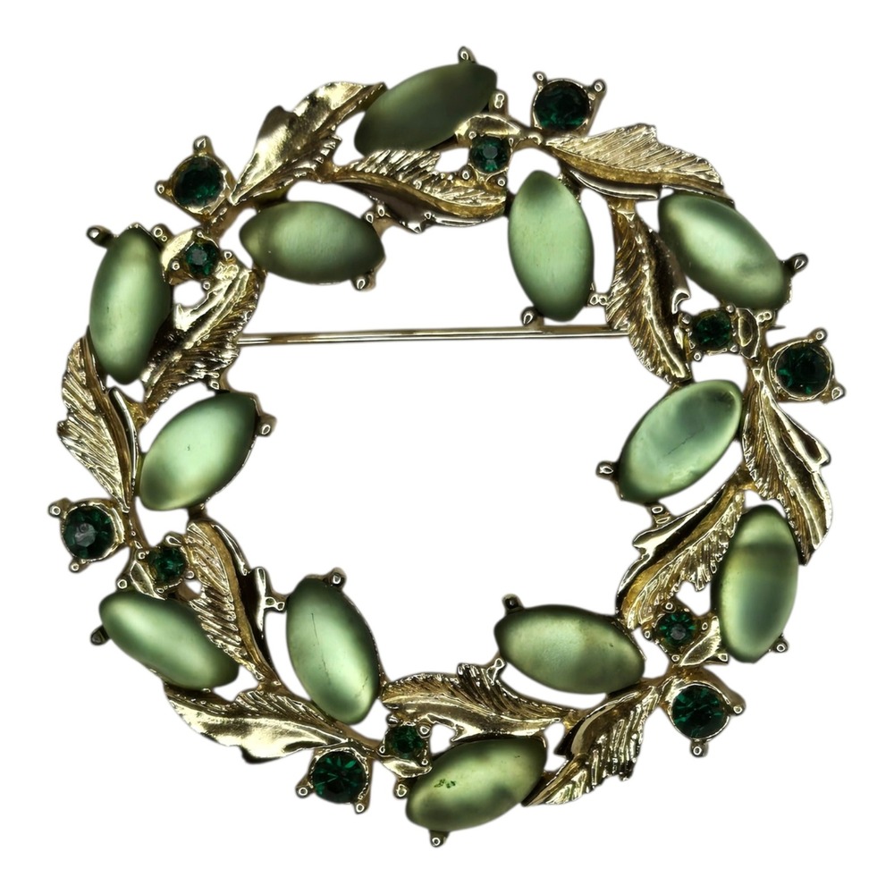 EMJ Wreath Brooch Green Vintage‎ Moonglow Rhinestone Gold Tone